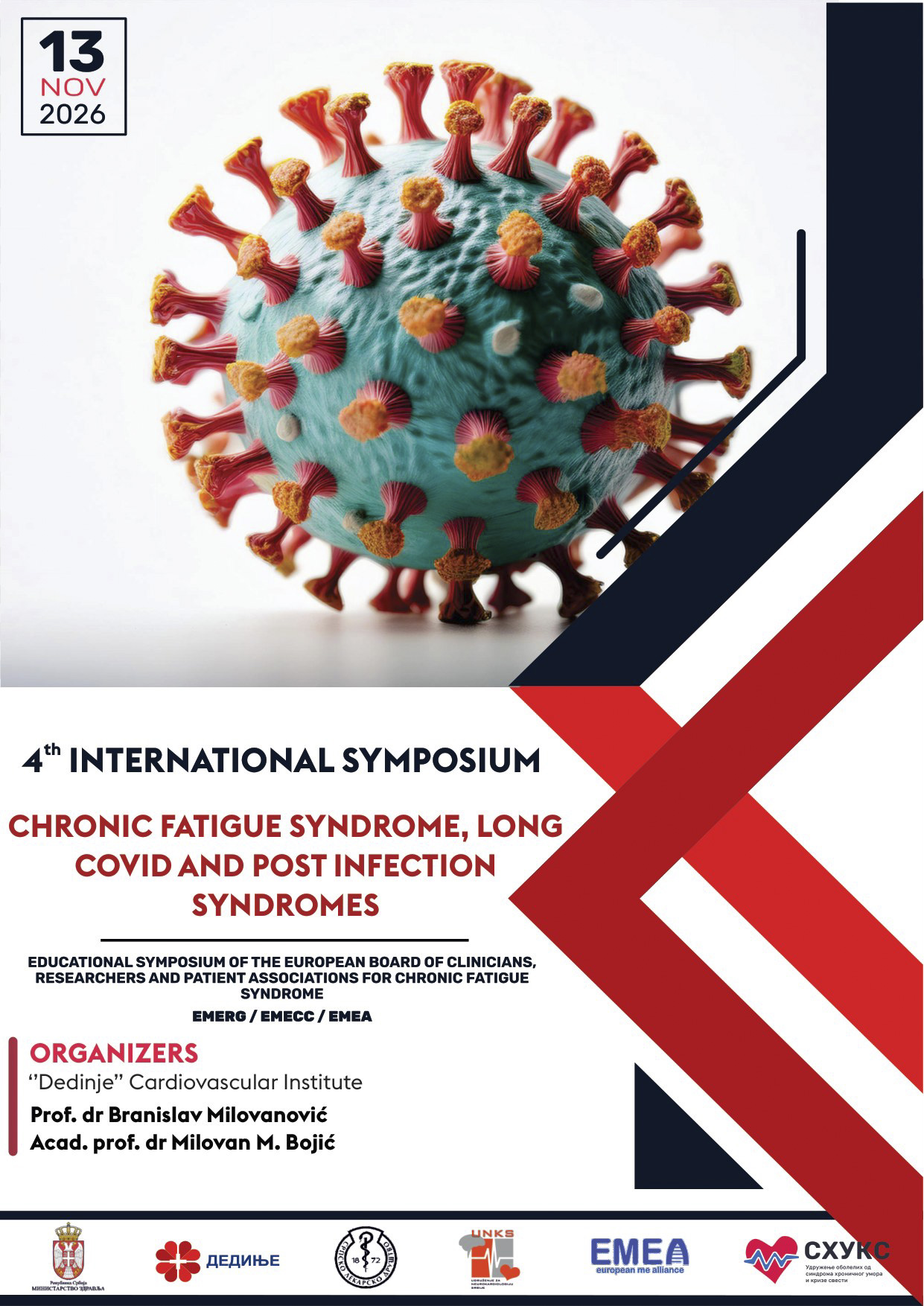 Poster for the 4th International Symposium on Chronic Fatigue Syndrome, Long COVID and Post-Infection Syndromes, 13 November 2026, organised by the Dedinje Cardiovascular Institute